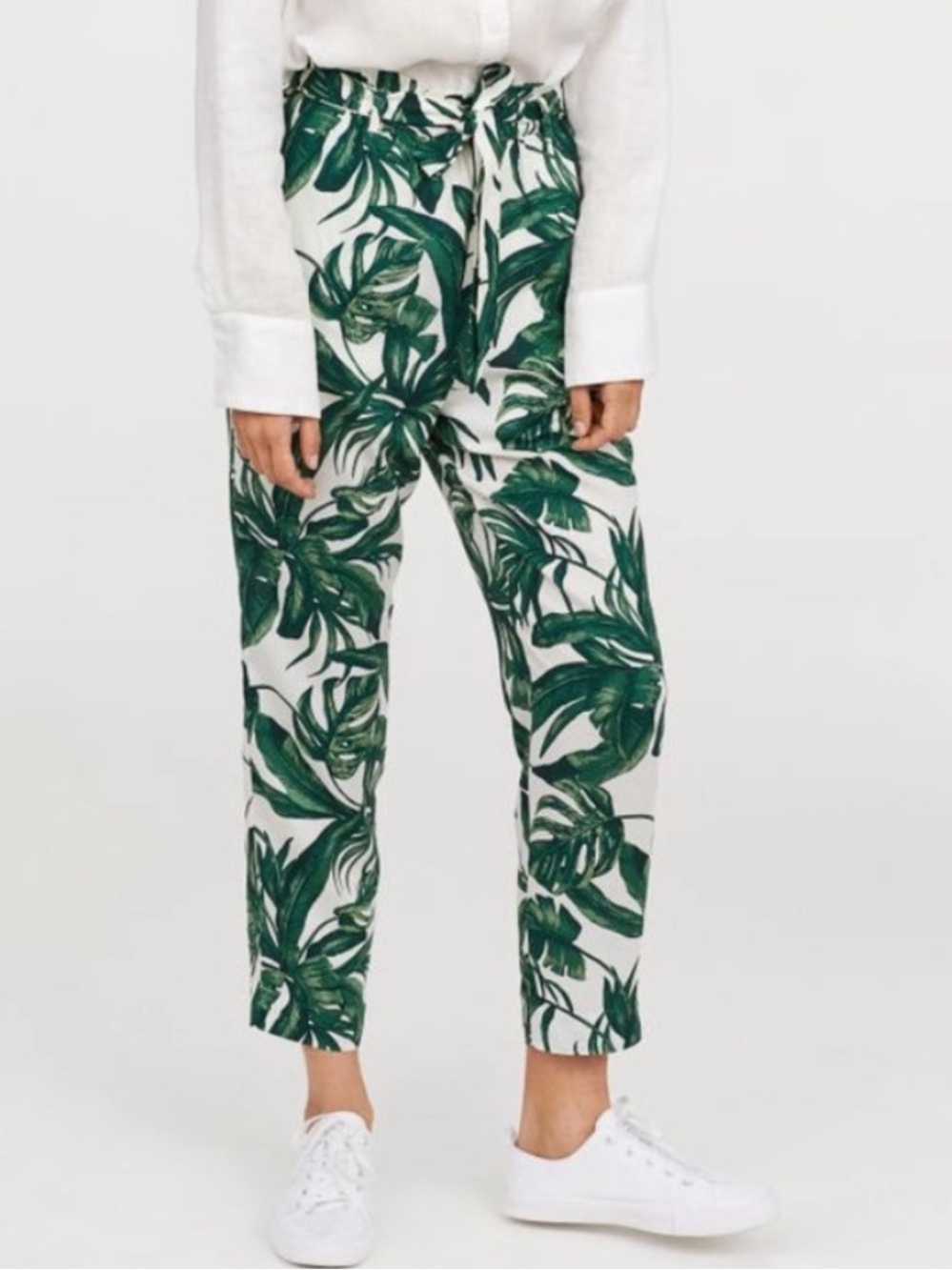 H&M White Pants with Green Tropical Leaf Print